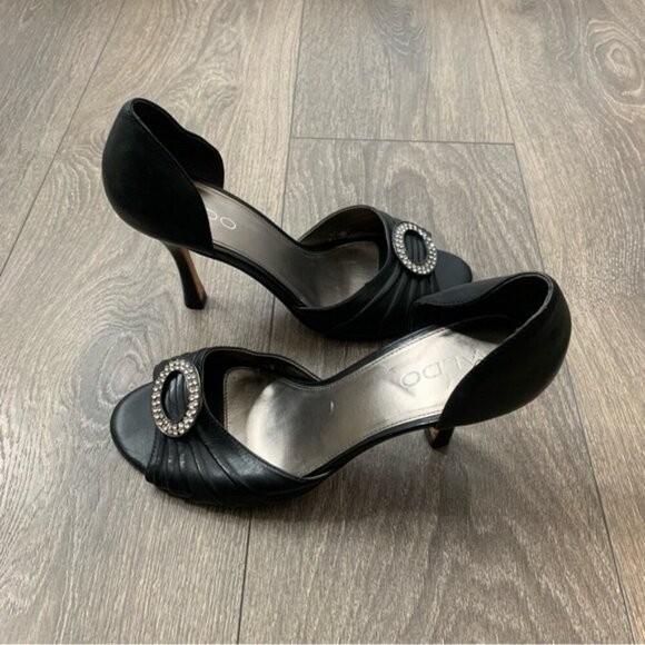 Aldo Women's Open toe Pumps Heels Leather Black Crystal Embellishment detail - Picture 11 of 16